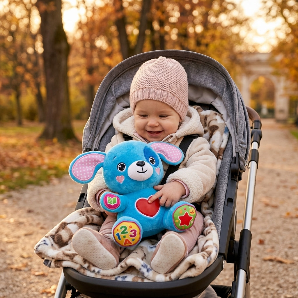 Kuća pametnica u rukama bebe u kolicima tokom jesenje šetnje