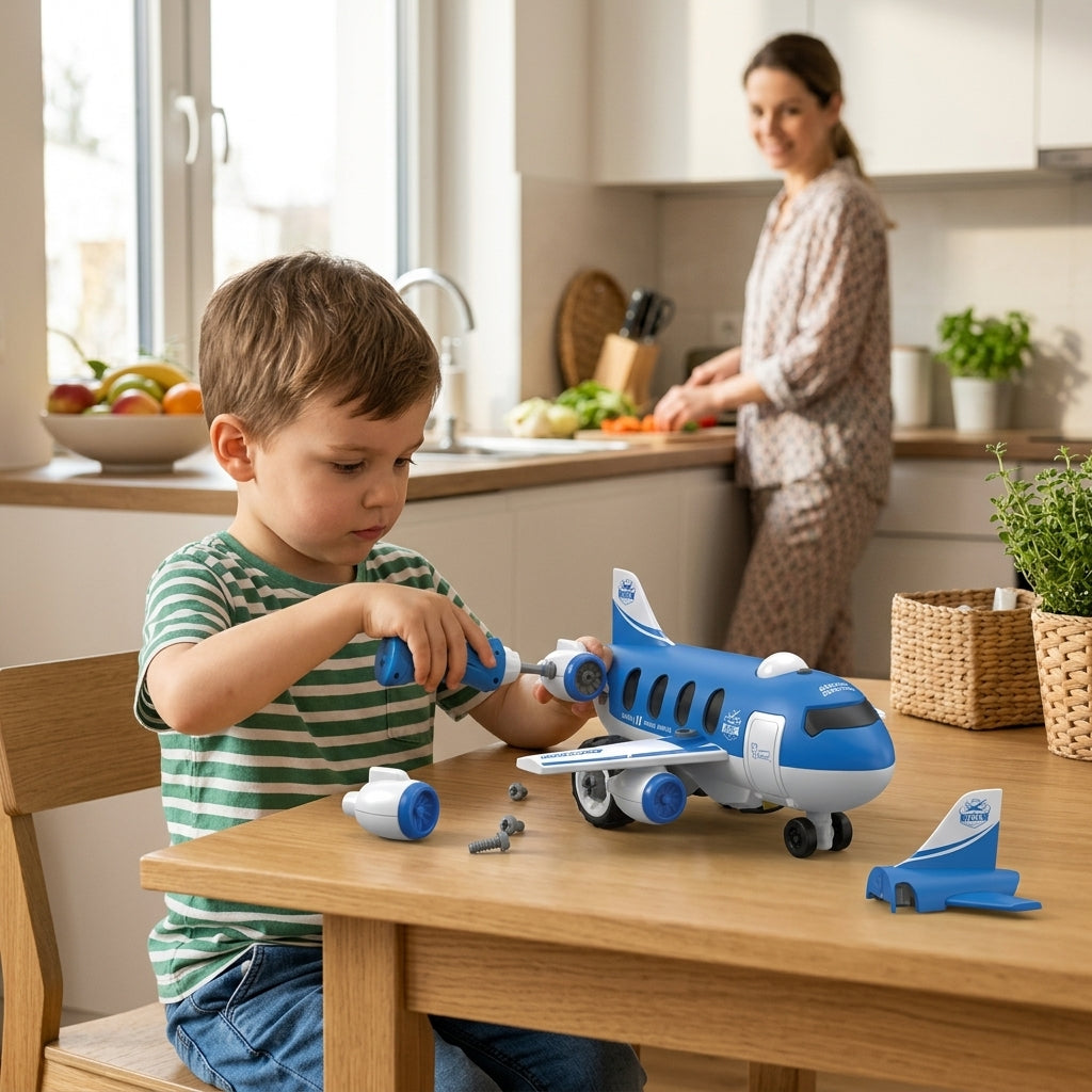 Igračka avion putnički plavi - dečak sklapa avion za trpezarijskim stolom