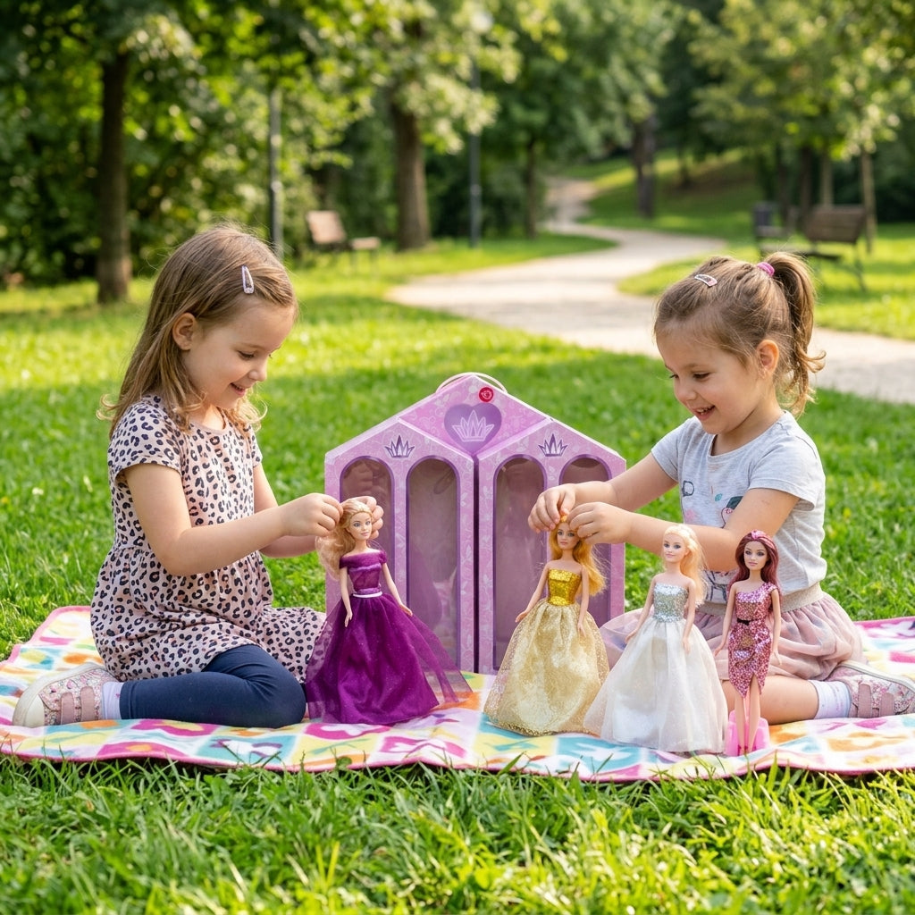Set lutki sa zvučnim elementima raspoređen na piknik ćebetu u parku