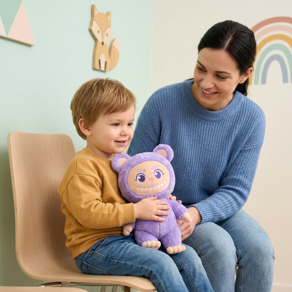 Plišana igračka miks boja 37 cm u krilu mališana u čekaonici kod lekara