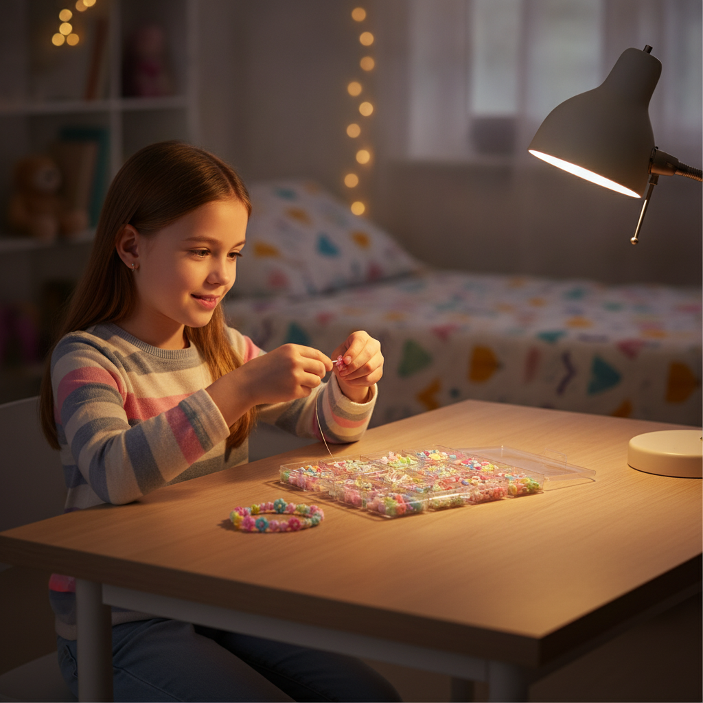 Perlice set veliki na radnom stolu devojčice pod svetlom stone lampe