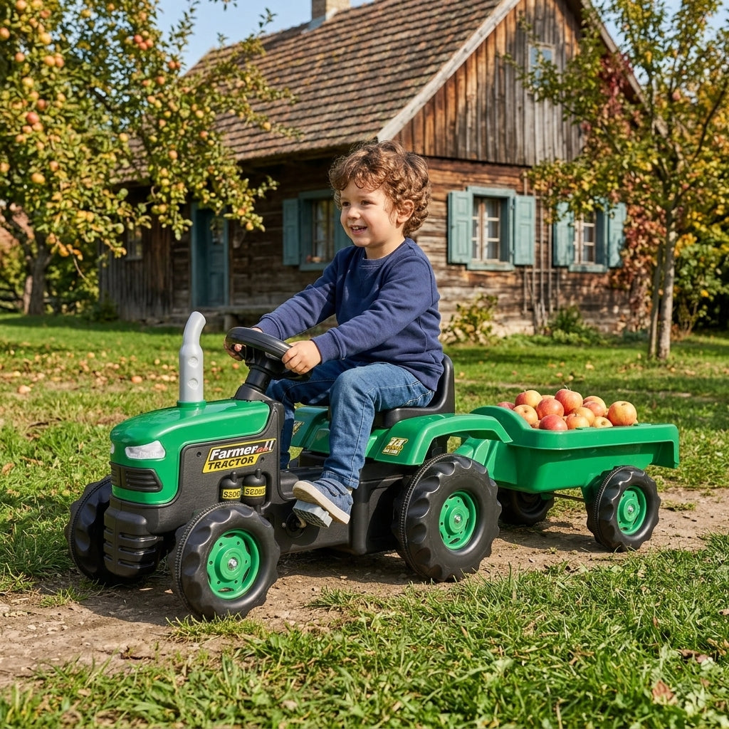 Traktor na pedale sa prikolicom zeleni u dvorištu vikendice dok dečak tovari jabuke