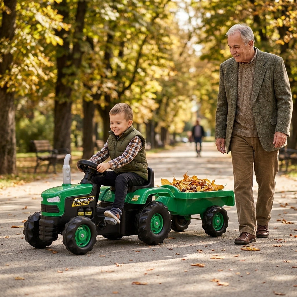 Traktor na pedale sa prikolicom zeleni u šetnji gradskim parkom sa dekom