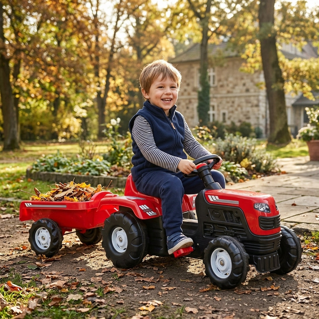 Traktor na pedale sa prikolicom crveni u dvorištu porodične kuće