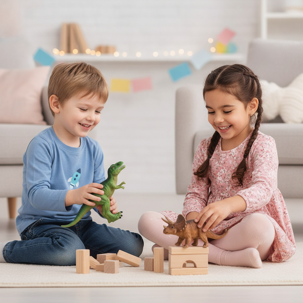 Igračka dinosaurus tokom igre dvoje dece na rođendanu u dnevnoj sobi