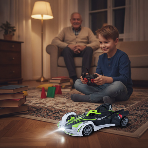 Auto na daljinski formula zelene boje na tepihu u dnevnoj sobi dok dečak drži upravljač