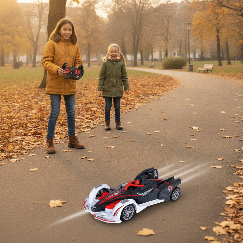 Auto na daljinski formula crvene boje u punoj brzini na popločanoj stazi u parku