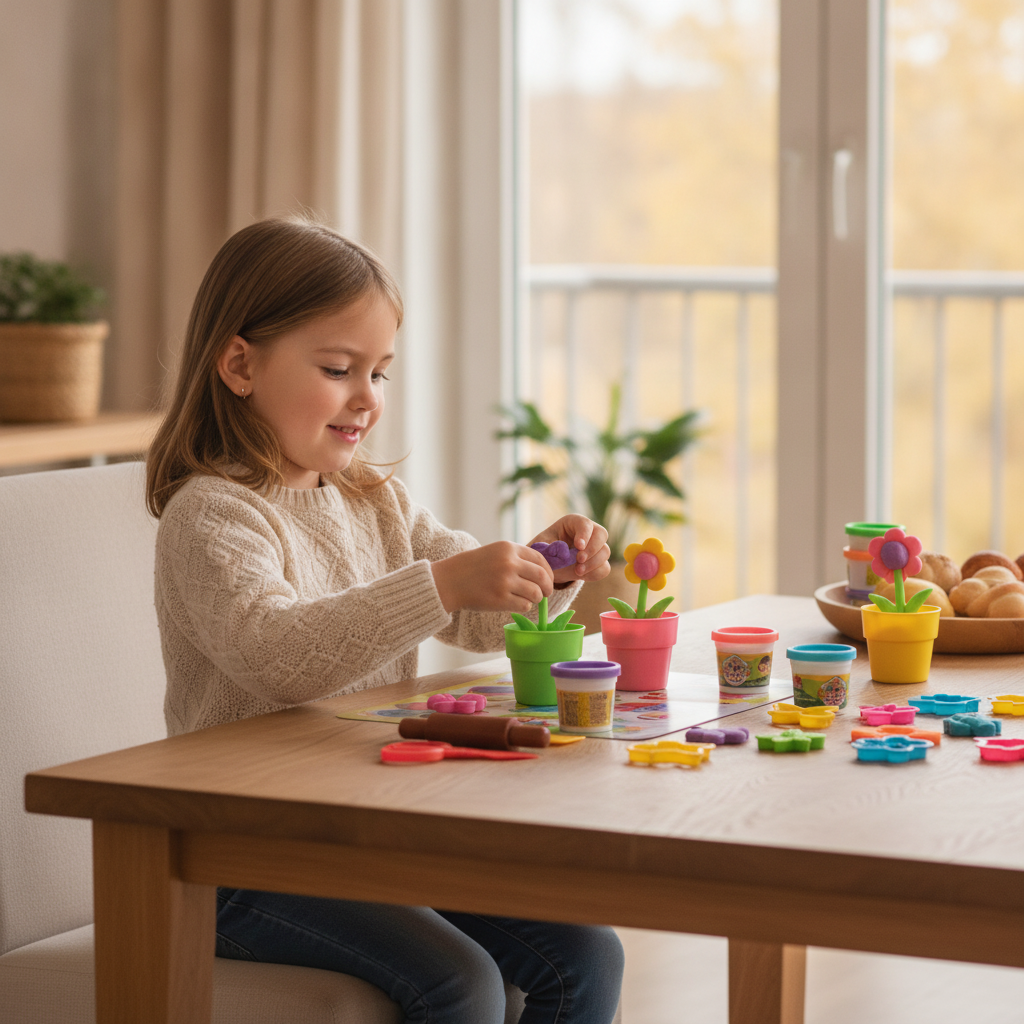 Plastelin set sa baštenskim motivima i plastičnim saksijama na stolu