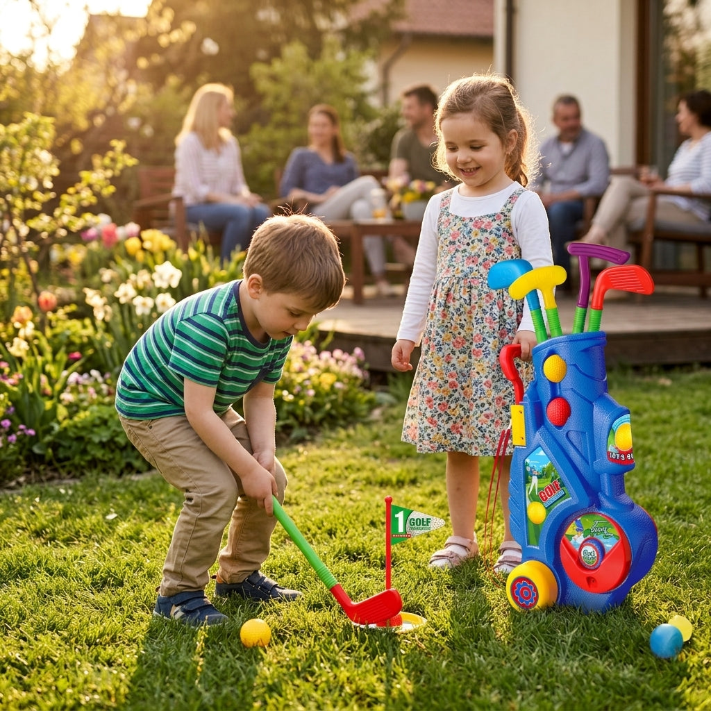 Golf set za decu na zelenom travnjaku u dvorištu tokom dečije igre