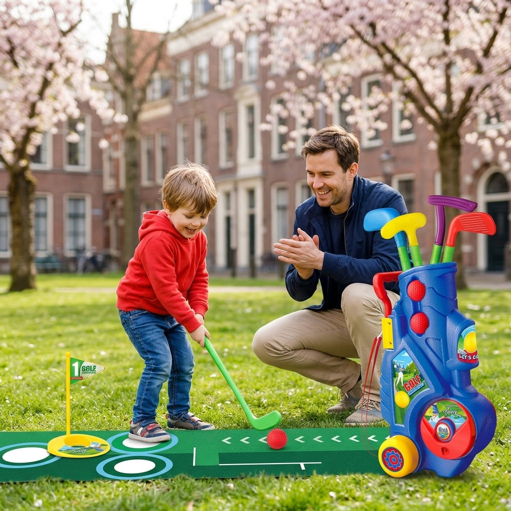 Golf set za decu u parku tokom zajedničke igre oca i sina