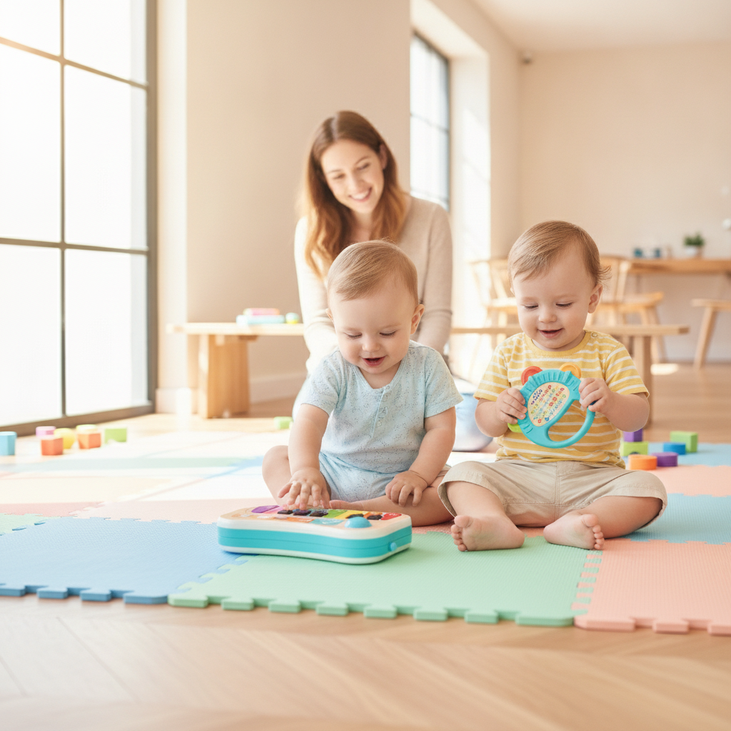 Piano za bebe na mekanoj podlozi u dečijem kutku kafića dok se dve bebe igraju