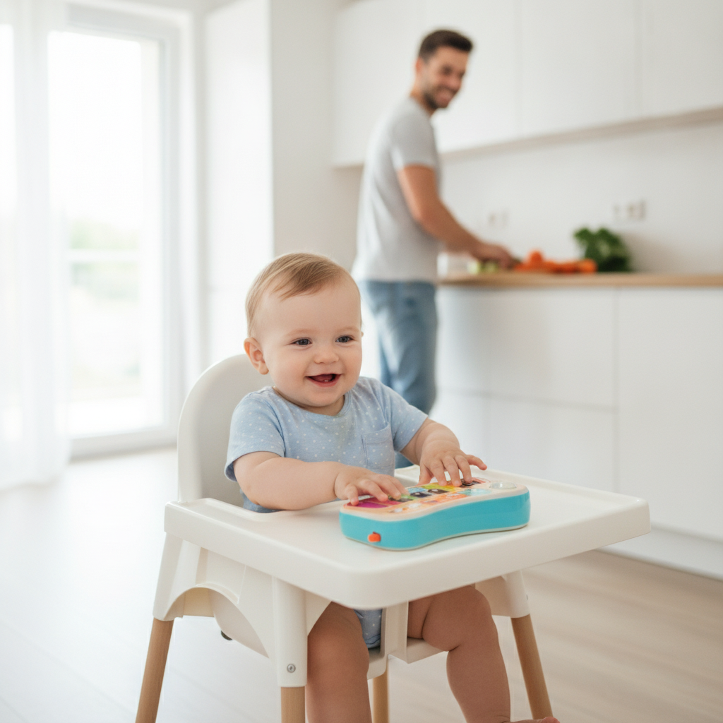 Piano za bebe na poslužavniku hranilice u svetloj kuhinji