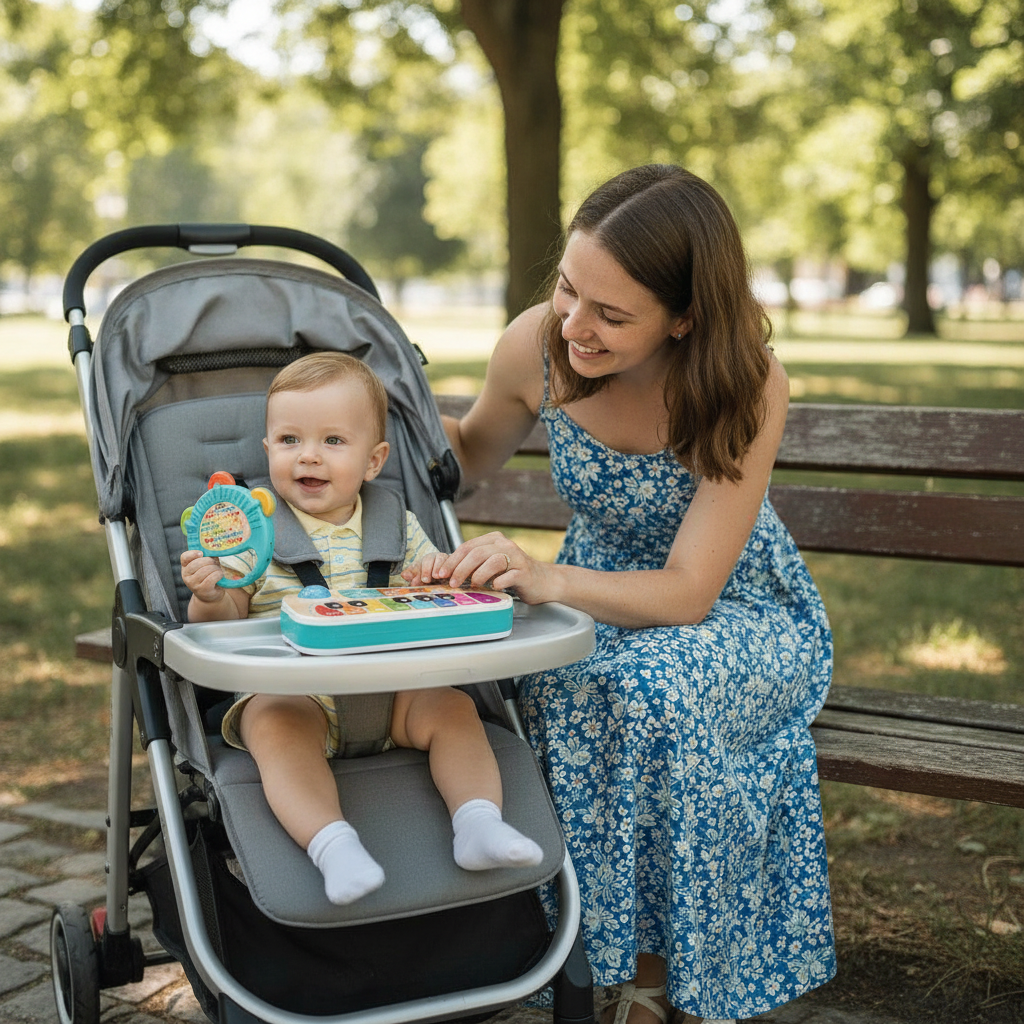 Piano za bebe u krilu bebe tokom letnje šetnje kolicima u parku
