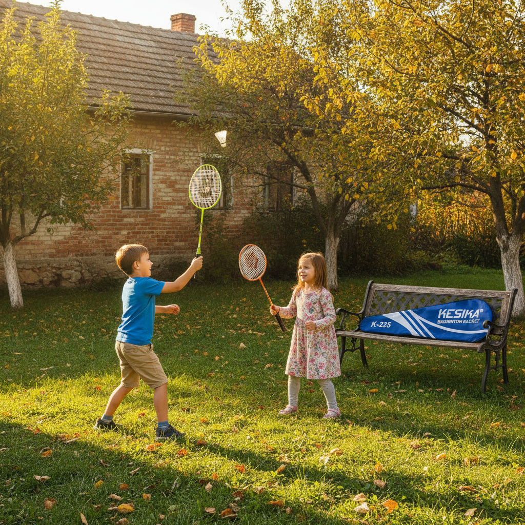 Badminton za decu - rođaci se igraju šarenim reketima u seoskom dvorištu
