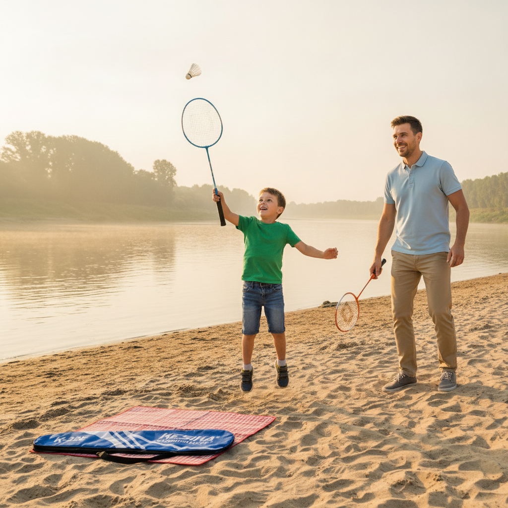 Badminton za decu - dečak i otac igraju badminton na obali reke