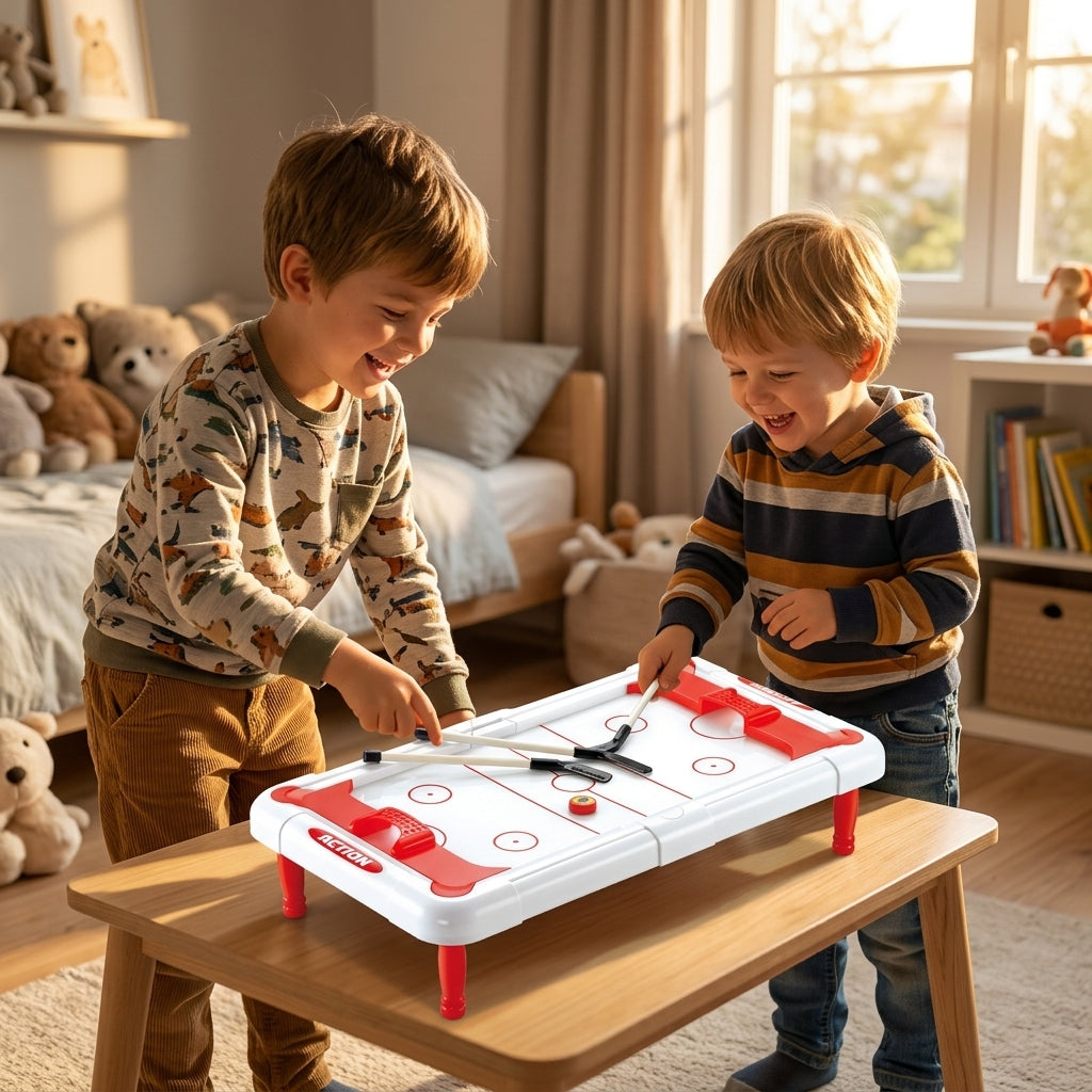 Sportski set 4 u 1 za decu postavljen kao stoni hokej na tepihu u dečjoj sobi