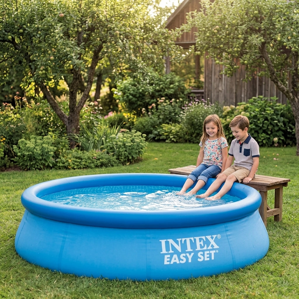 Intex bazen sa pumpom postavljen u travnatom dvorištu vikendice dok deca sede pored vode