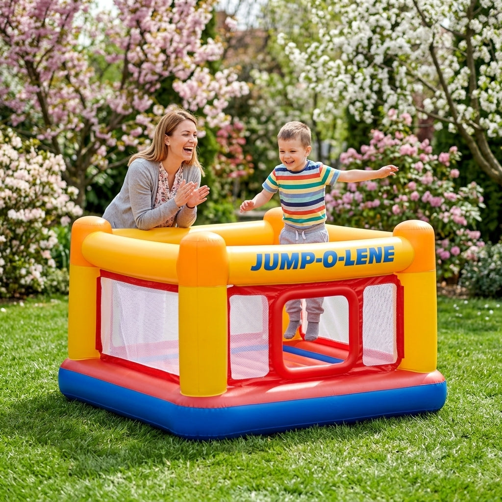 Trampolina 174 cm u zelenom dvorištu dok se dete veselo igra sa mamom