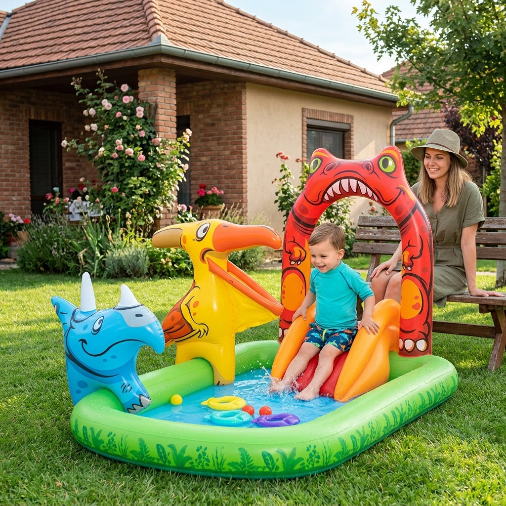 Bebi bazen za igru Dino montiran na travnjaku u dvorištu sa detetom koje se spušta niz tobogan