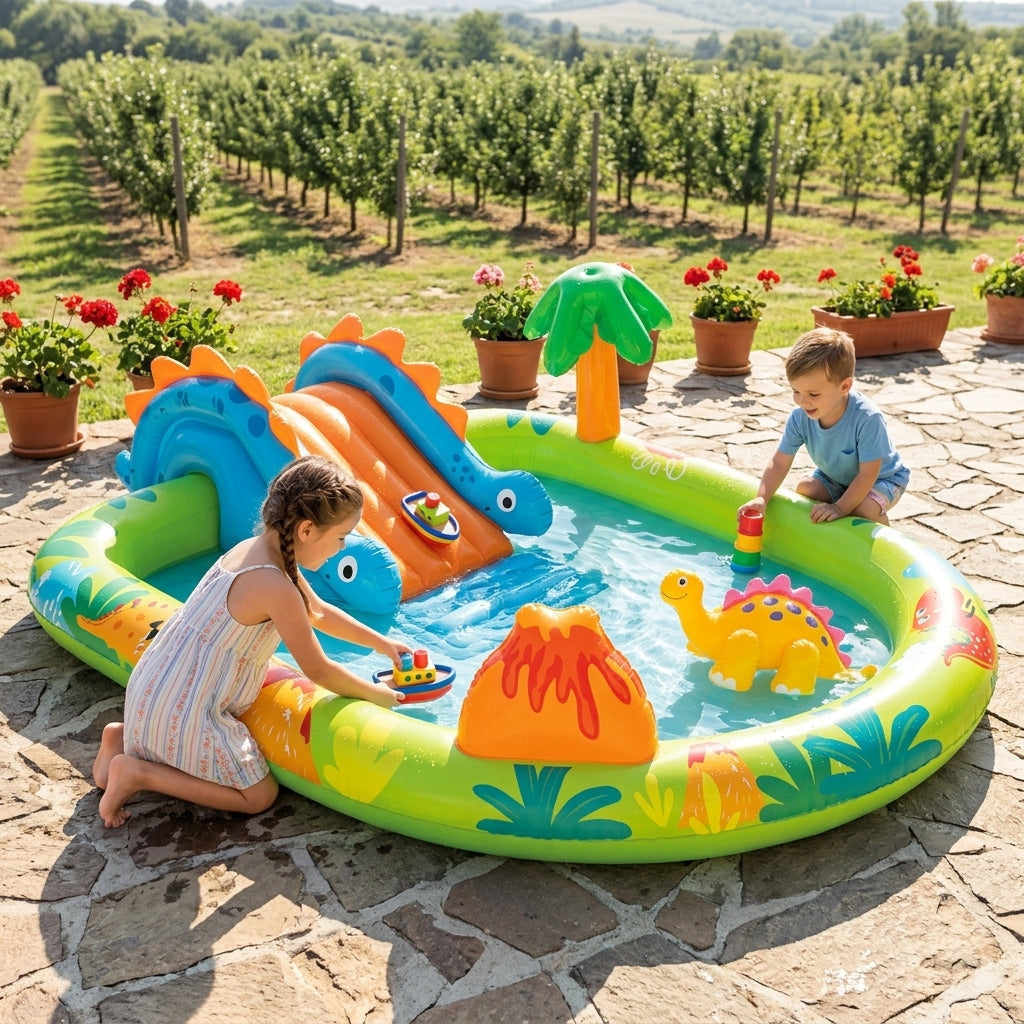Bazen zabavni park Dino na terasi seoske vikendice tokom dečije igre sa vodenim igračkama