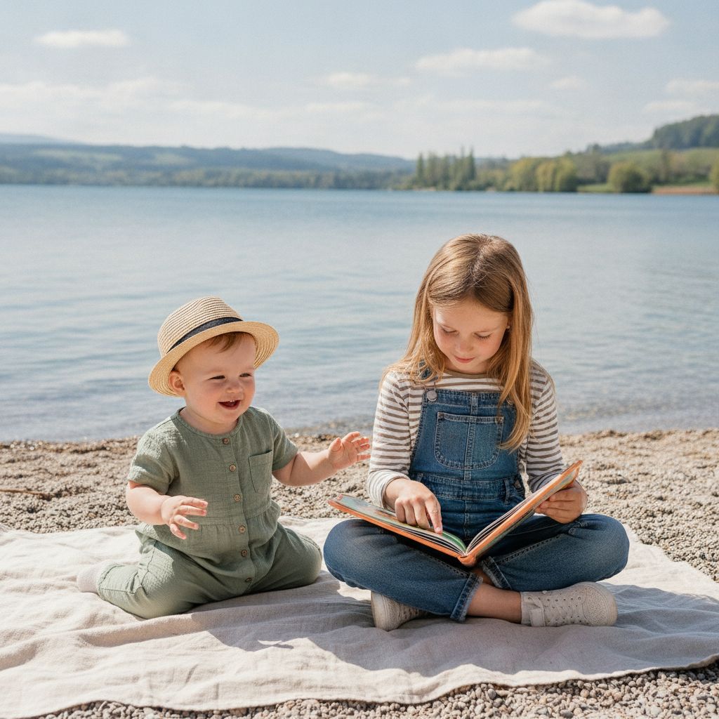 Knjiga za kupanje koju deca listaju na piknik prostirci pored vode