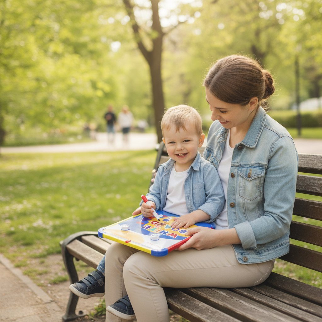 Bela tabla u krilu dečaka dok sedi sa mamom na klupi u prolećnom parku
