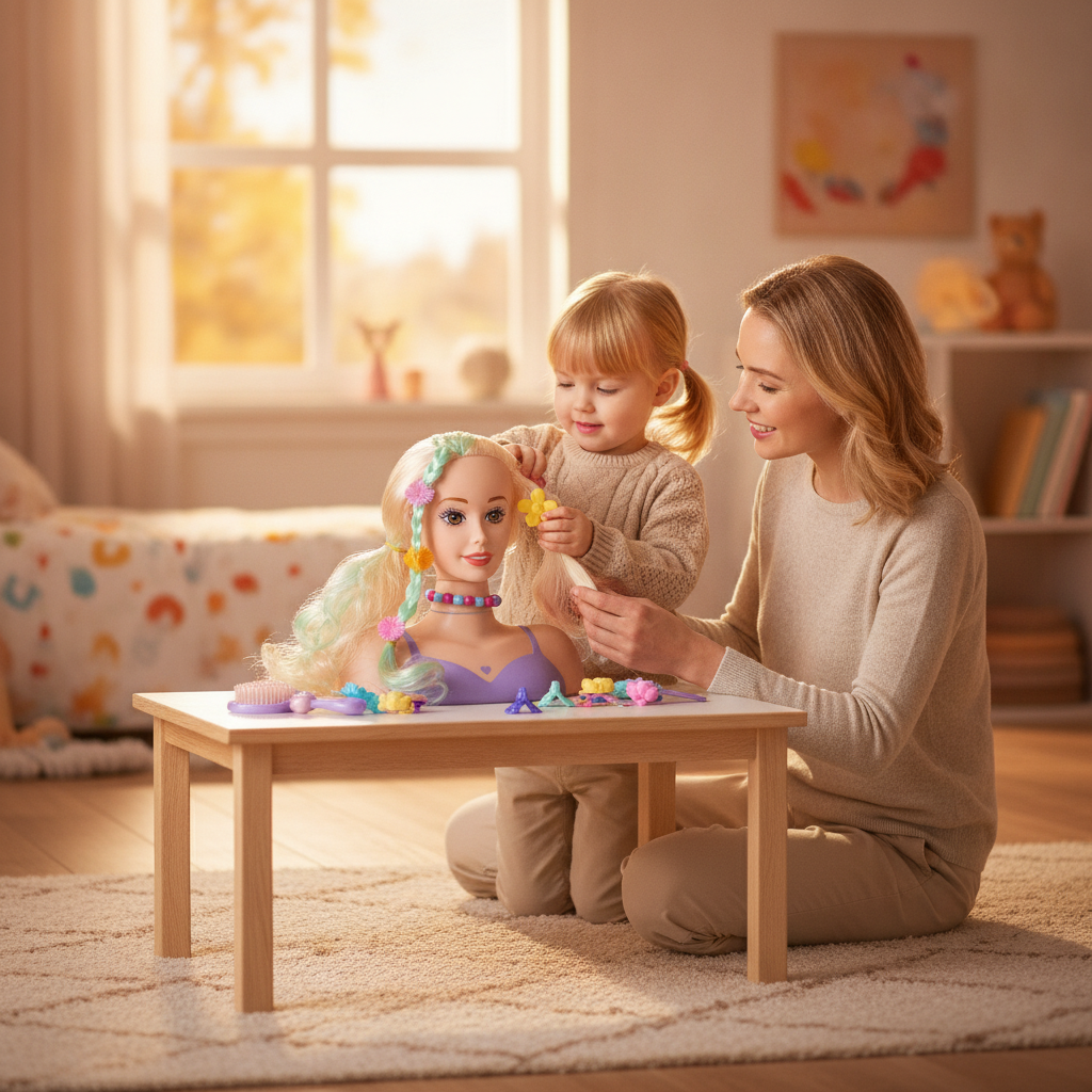 Lutka manekenka sa priborom za kosu dok mama i devojčica prave frizuru u sobi