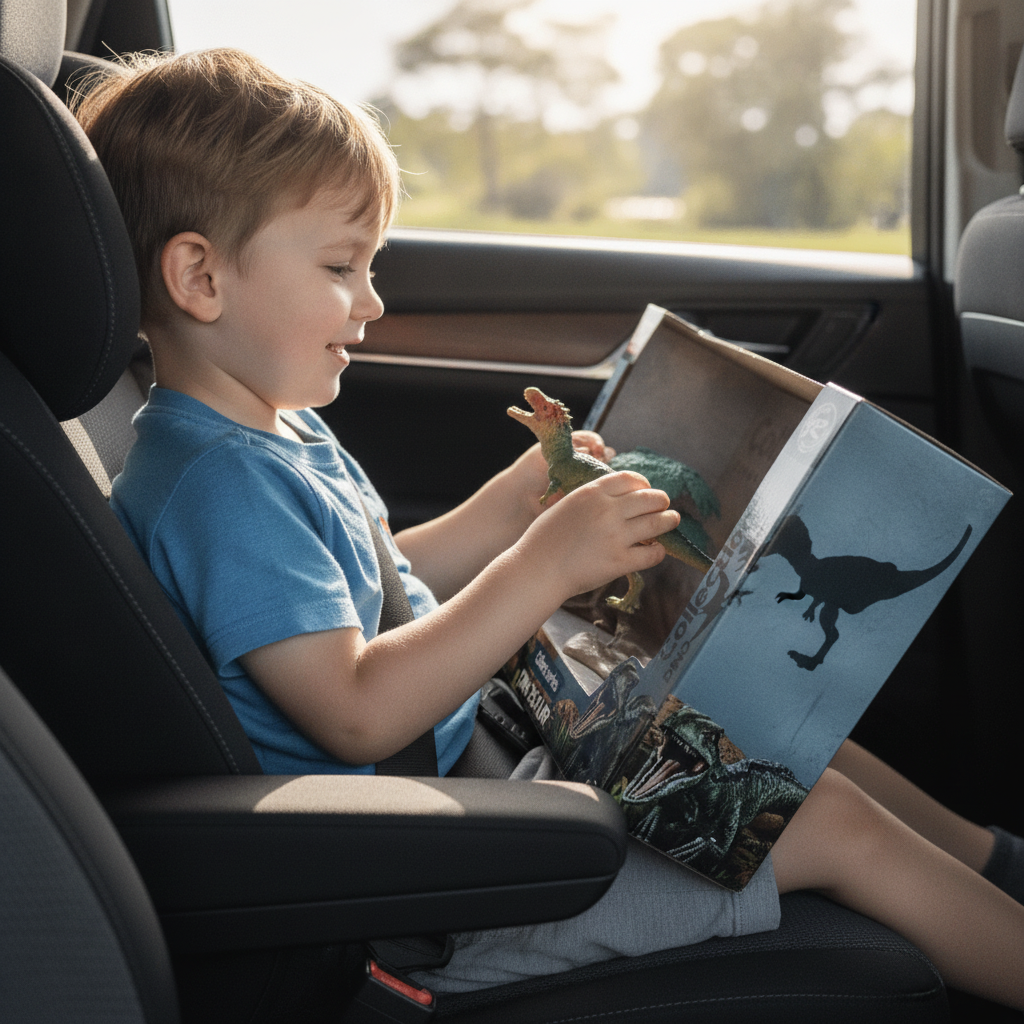 Igračka dinosaurus 28 cm u rukama deteta u auto-sedištu