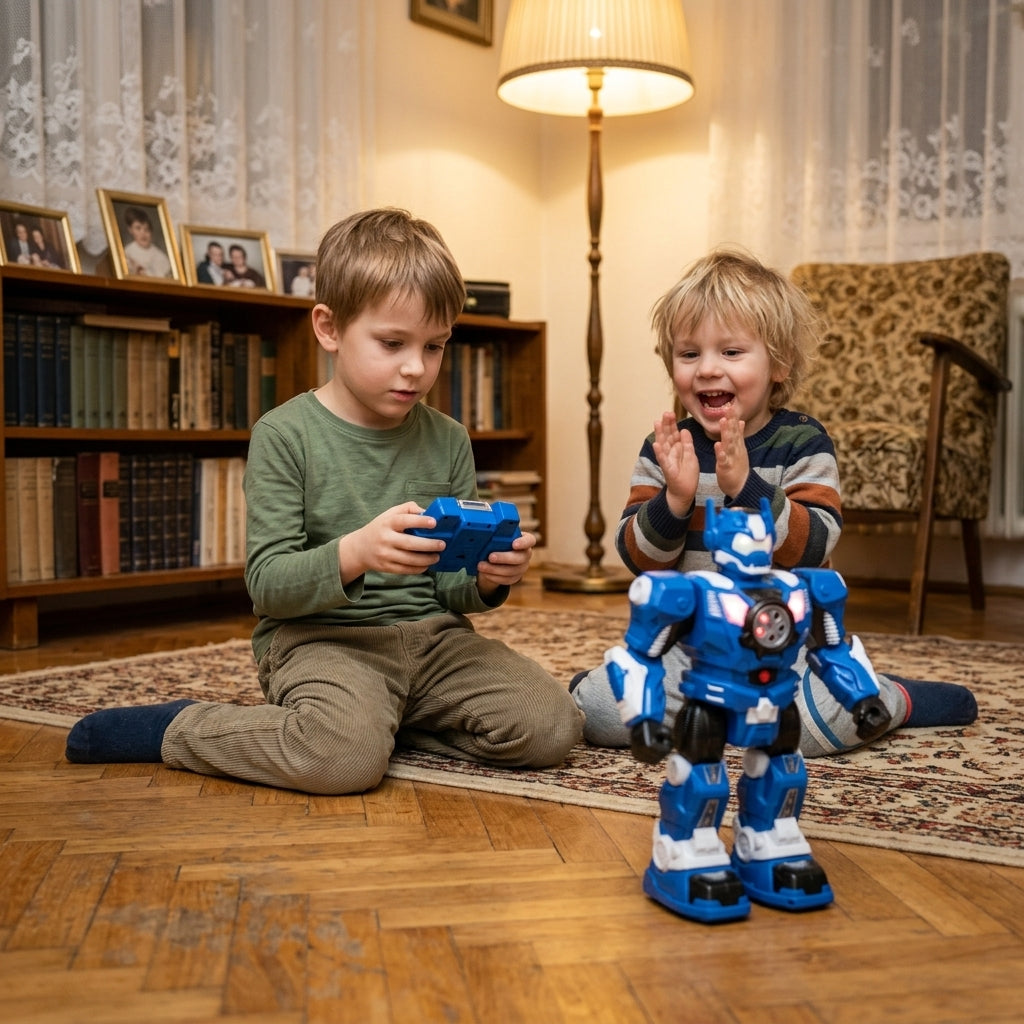 Igračka robot na daljinsko upravljanje u igri dečaka u dnevnoj sobi