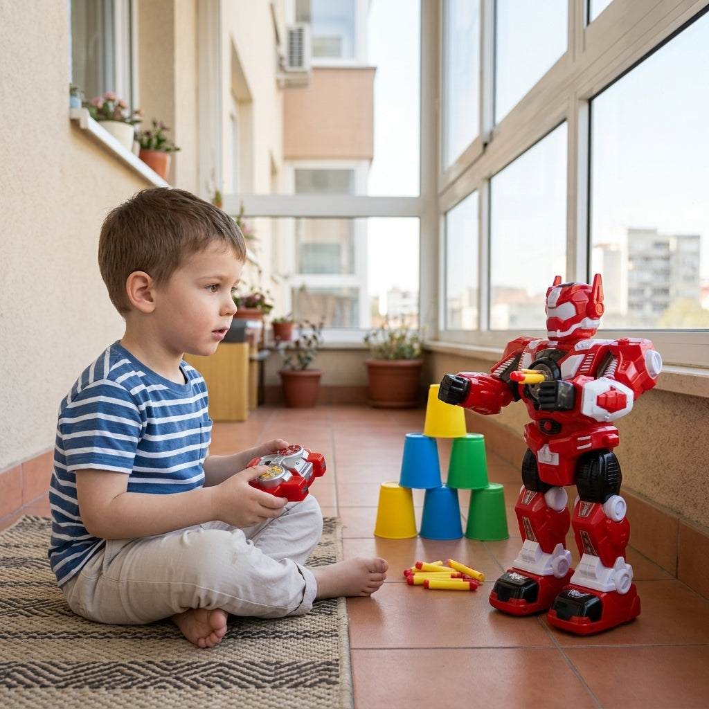 Igračka robot crvene boje na terasi dok dečak koristi daljinski upravljač