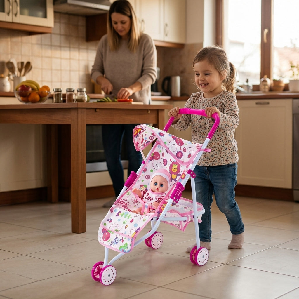 Kolica za lutke roze sa tendom u kuhinji tokom igre nege i oponašanja