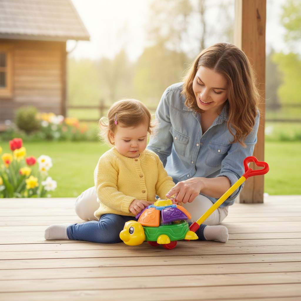 Kornjača na guranje na drvenoj terasi vikendice gde devojčica istražuje šarene delove oklopa sa mamom