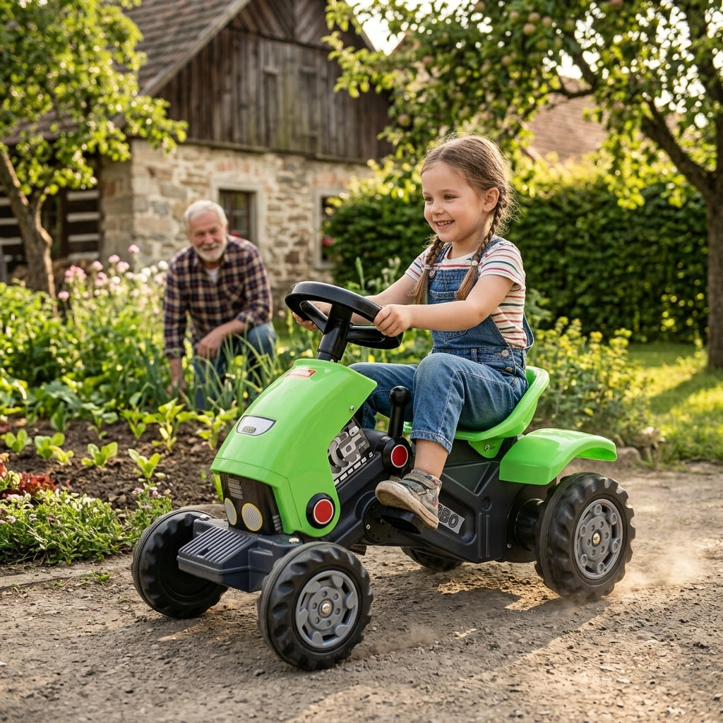 Traktor na pedale zeleni 78 cm devojčica vozi na selu