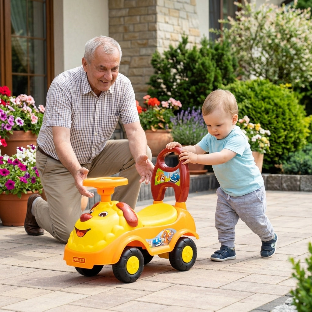 Guralica kuća koju dete gura držeći se za visoki naslon na dvorišnoj terasi