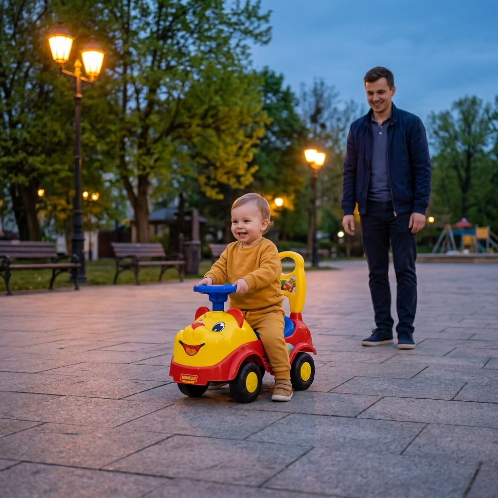 Guralica meda tokom večernje vožnje u parku osvetljenom lampama