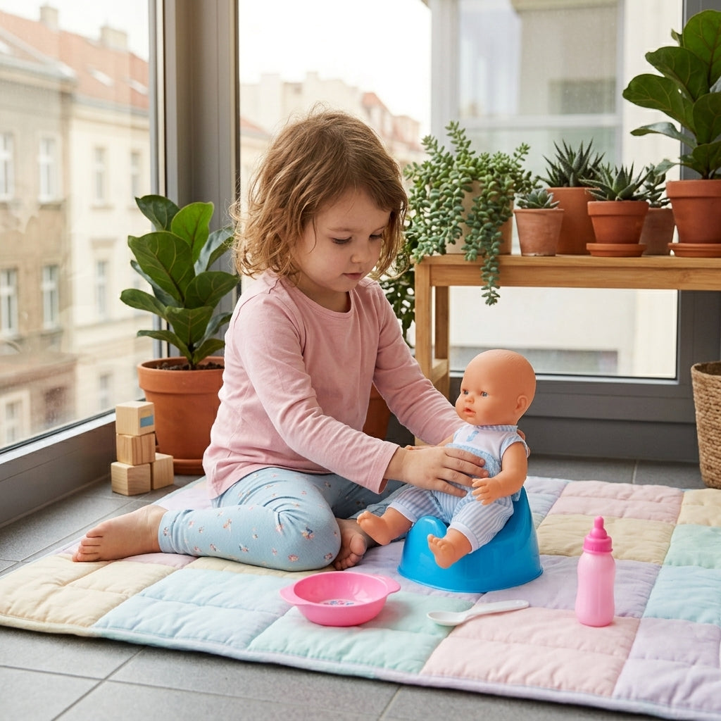 Beba sa dodacima za hranjenje 35 cm u igri navikavanja na nošu na osunčanoj terasi