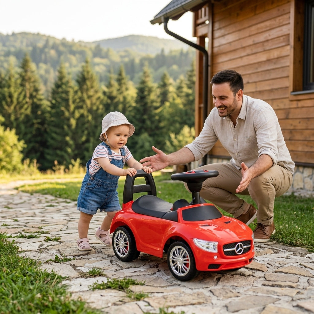 Guralica auto crveni kao podrška za prohodavanje u dvorištu vikendice