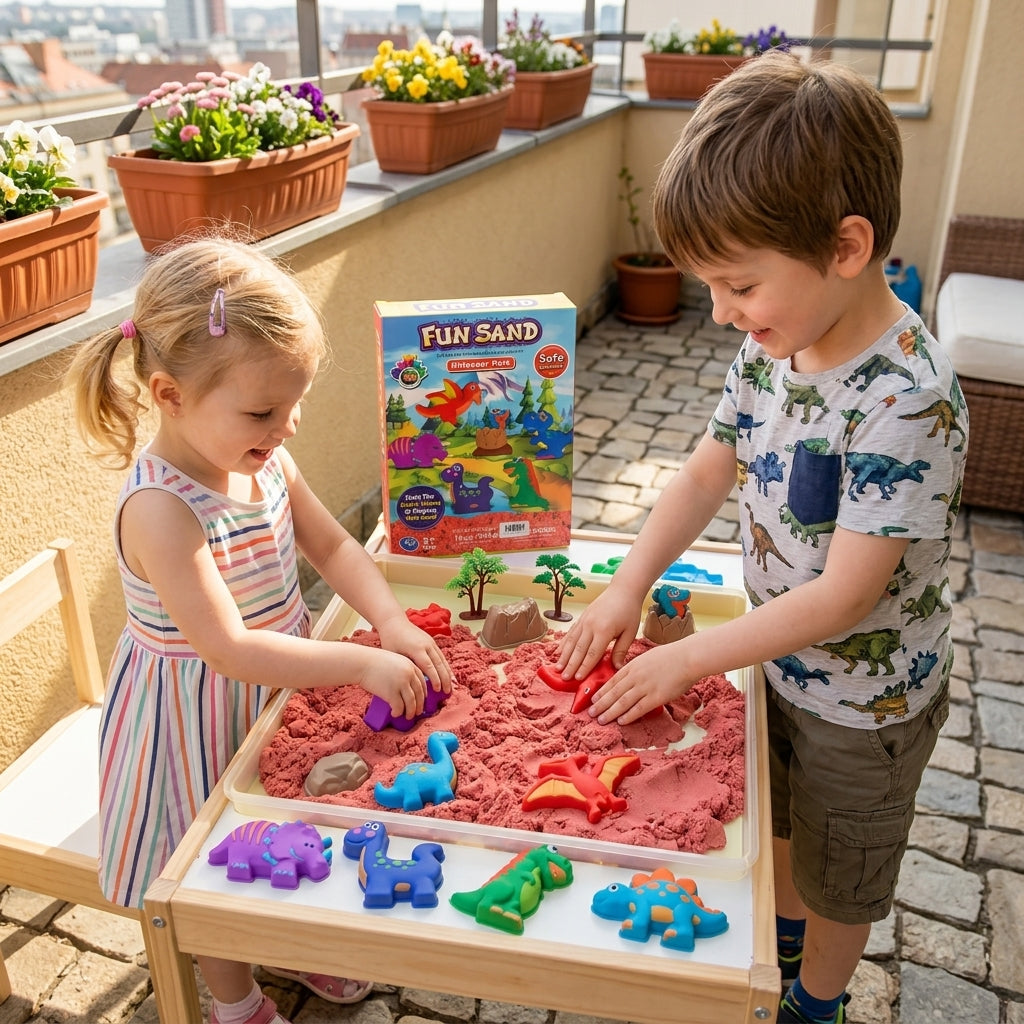 Kinetički pesak dinosaurus u rukama dece na osunčanoj terasi