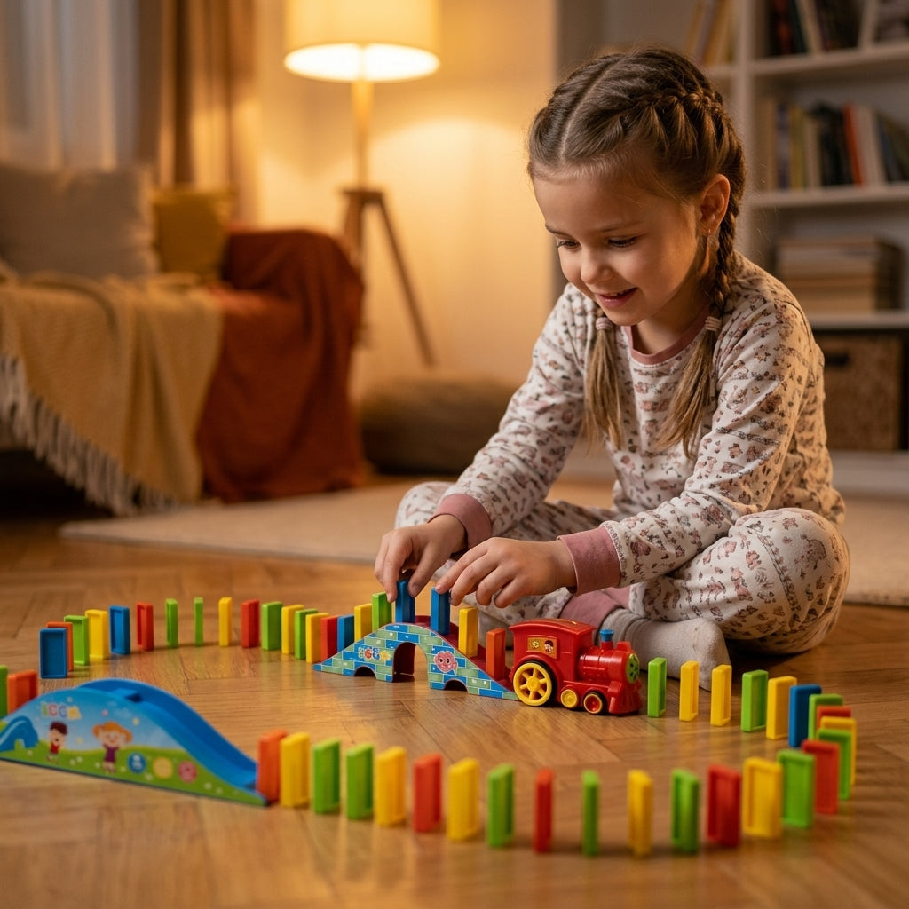 Igračka domino voz u dnevnoj sobi uveče dok ređa domino pločice