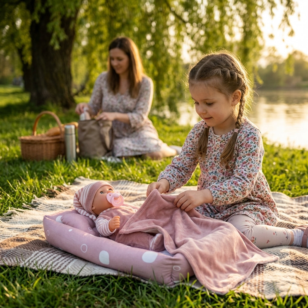 Lutka beba sa prenosivim krevetom na piknik ćebetu pored reke sa devojčicom