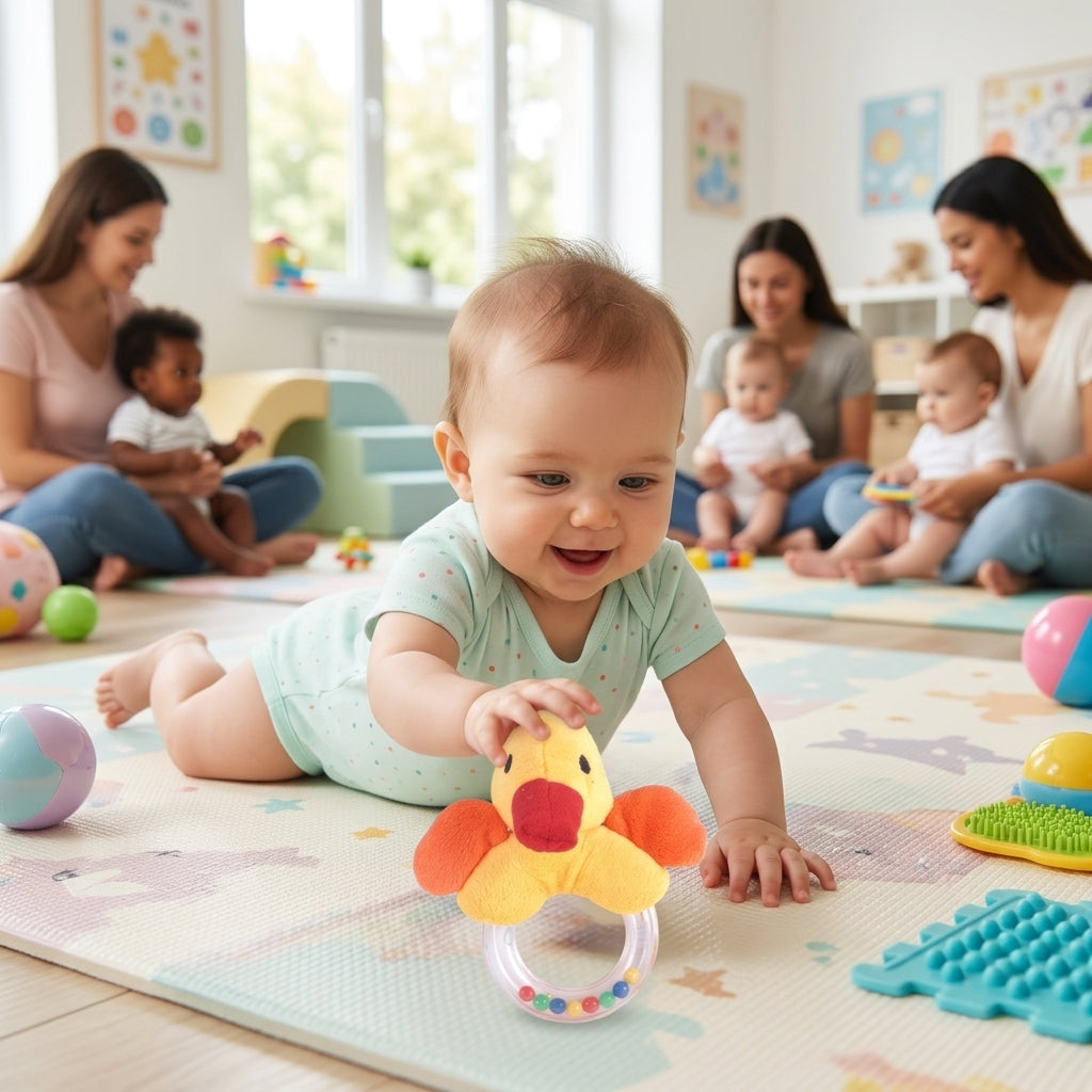 Plišana zvečka patka ispred bebe na stomačiću u bebi razvojnoj igraonici
