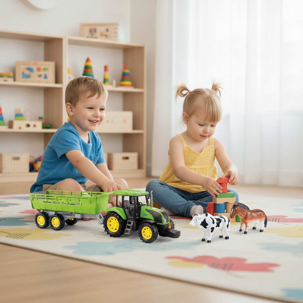 Igračka traktor sa životinjama u vrtiću gde se dvoje dece igra na tepihu