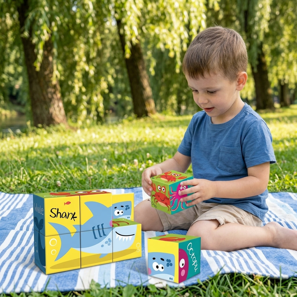 Puzle kocke morske životinje na piknik prostirci pored vode dok se dečak igra u prirodi.