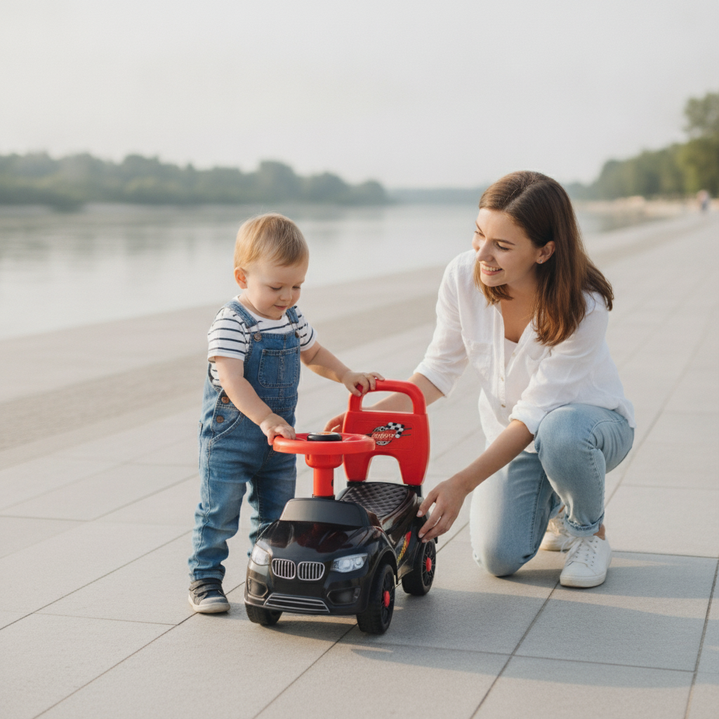 Auto guralica sa volanom i zvukom crne boje koju dete gura na šetalištu