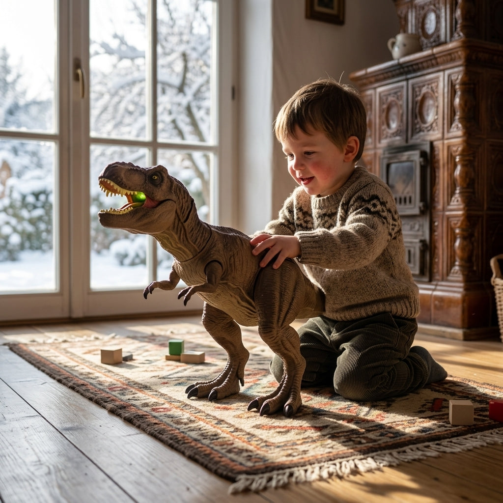 Igračka dinosaurus sa zvukom i svetlom na podu seoske sobe tokom jutarnje igre dečaka