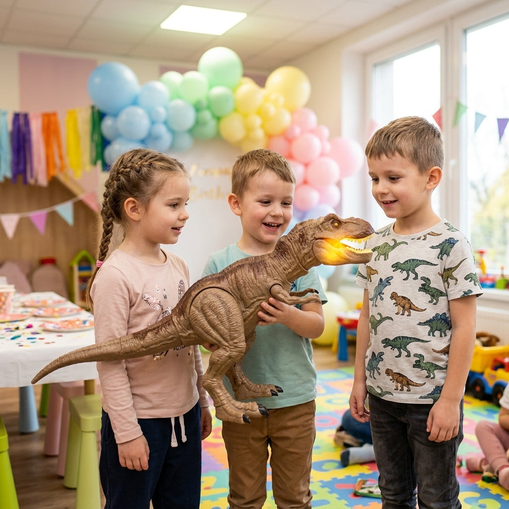 Igračka dinosaurus sa zvukom i svetlom u rukama dečaka na rođendanskoj zabavi u igraonici