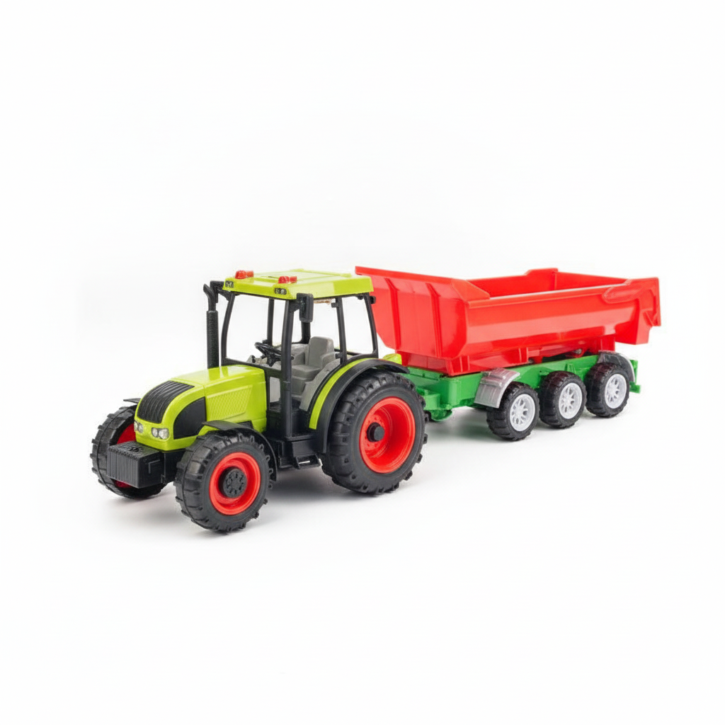 Igračka traktor sa crvenom prikolicom
