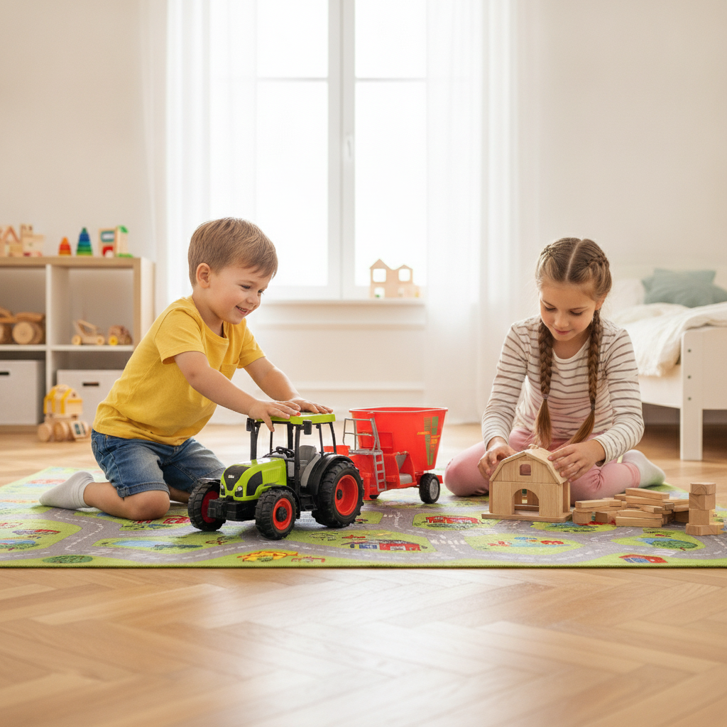 Igračka traktor sa priključkom veliki na tepihu u dečijoj sobi tokom igre