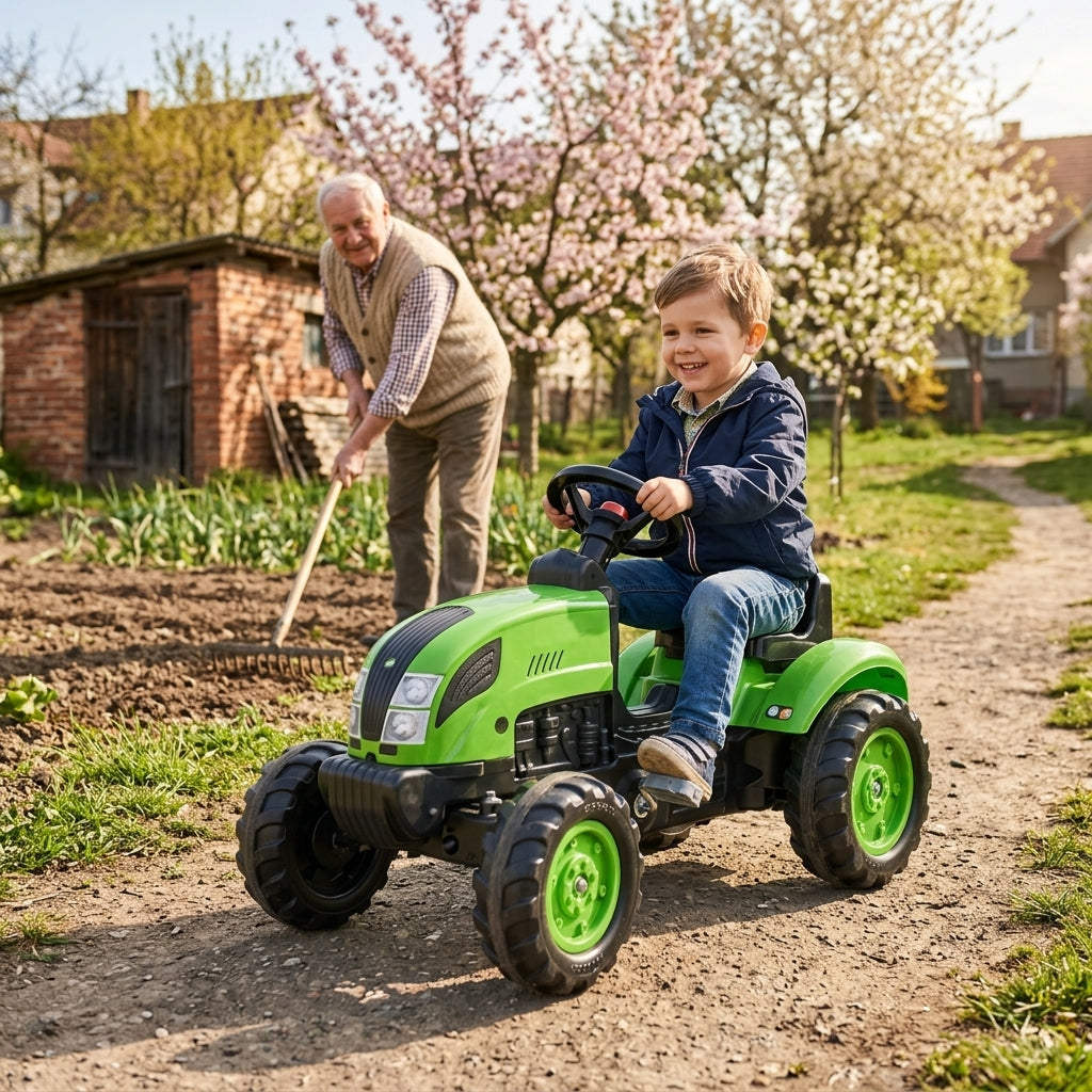 Traktor na pedale u seoskom dvorištu dok ga dečak vozi pored bašte