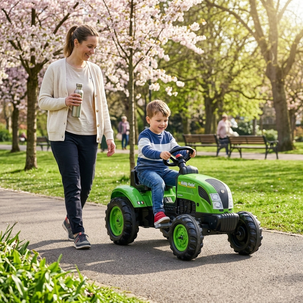 Traktor na pedale koji dečak vozi po uređenoj stazi gradskog parka